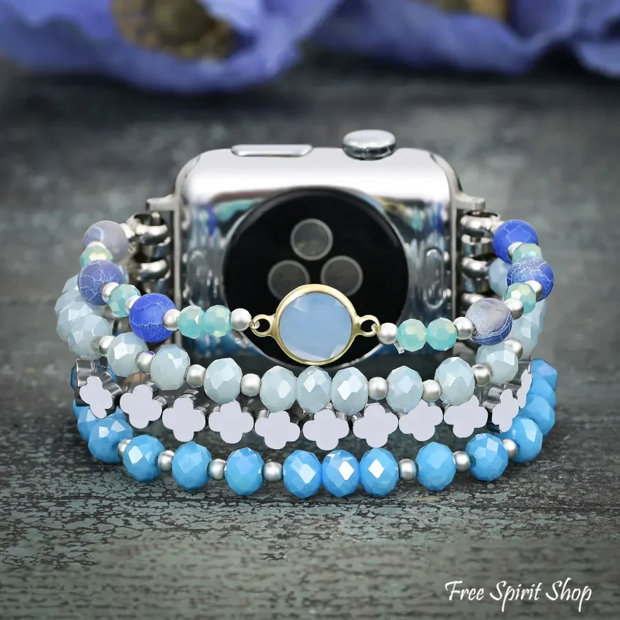 Ocean Breeze Beaded Fitbit Band With Silver Clover Charms - Image 2