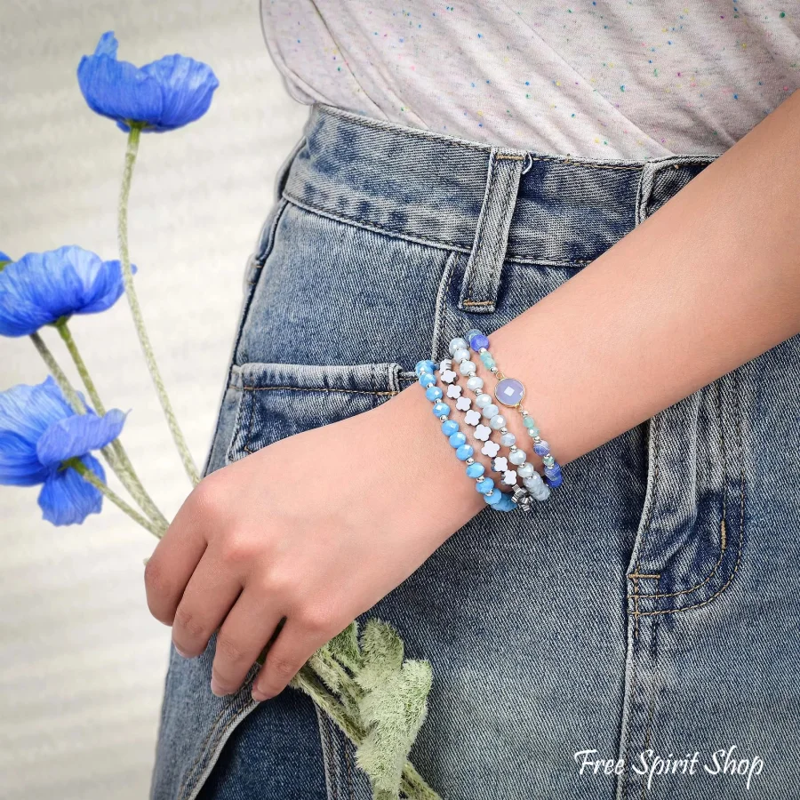 Ocean Breeze Beaded Fitbit Band With Silver Clover Charms - Image 3