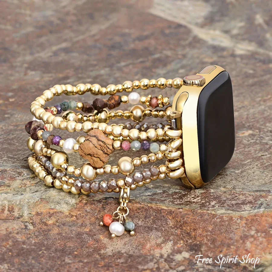 Picture Jasper Beaded Apple Watch Band with Clover Charm