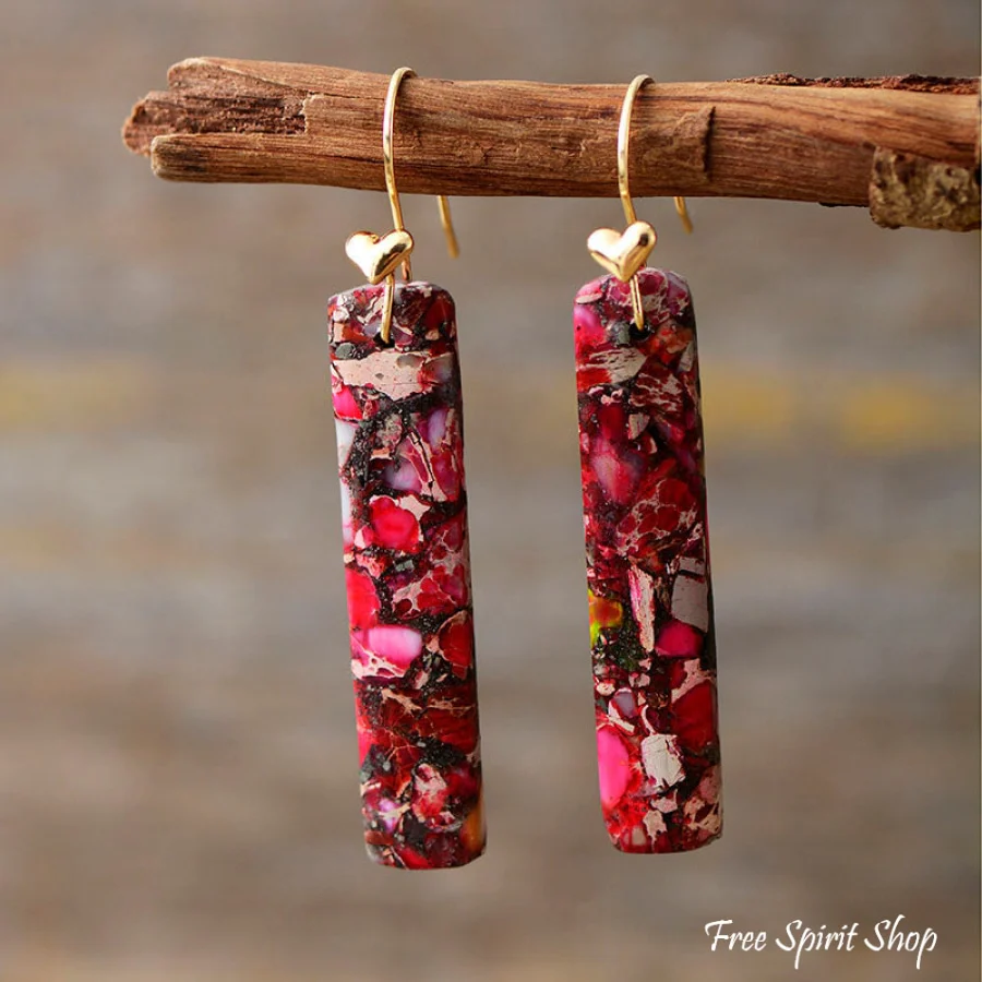 Pink & Red Jasper Heart Earrings - Image 2