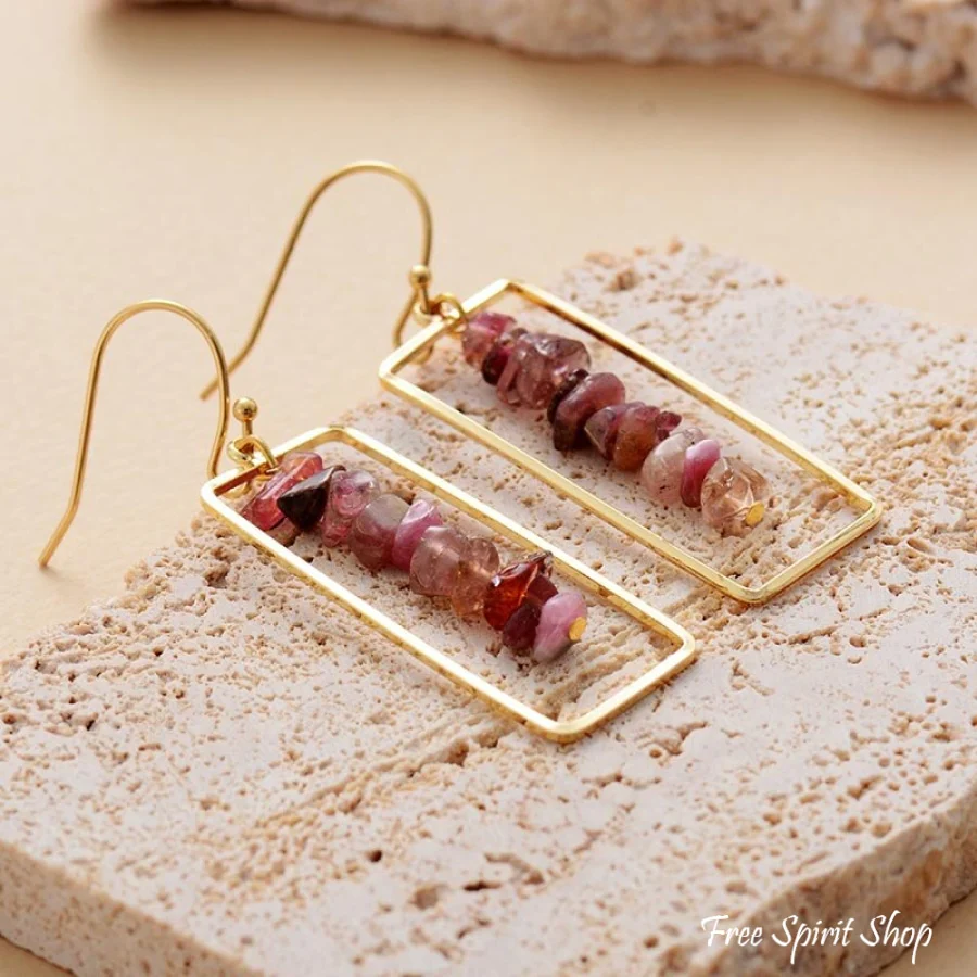 Pink Tourmaline Crystal Rectangle Drop Earrings - Image 3