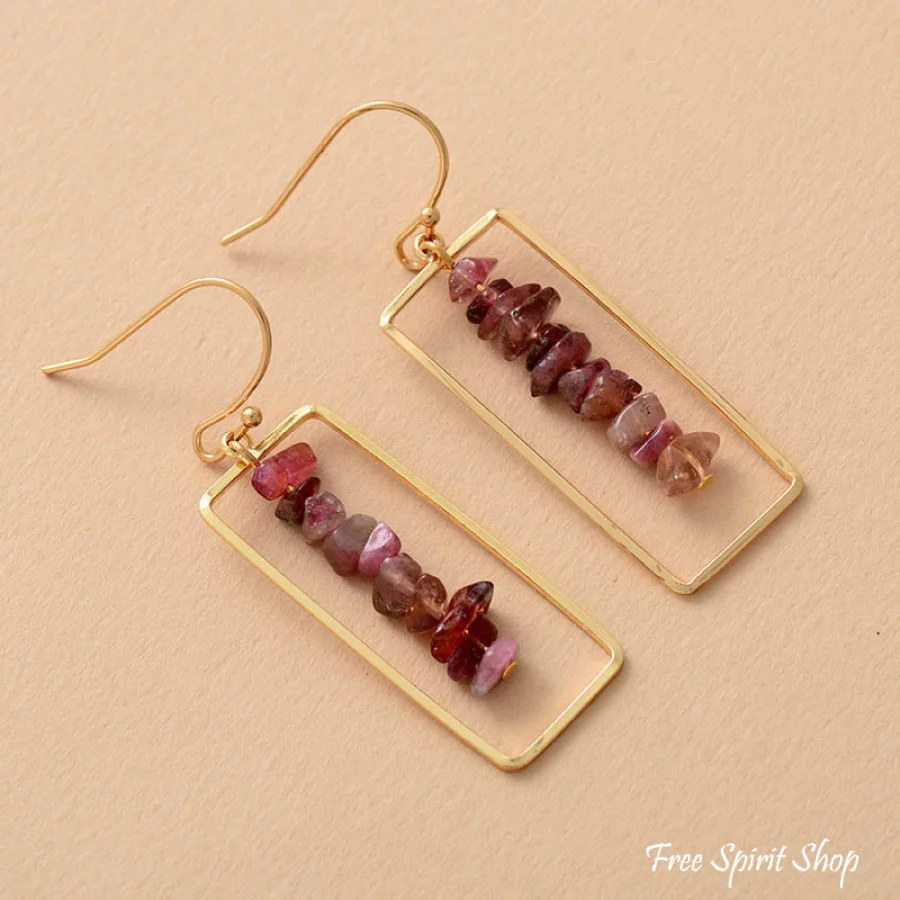 Pink Tourmaline Crystal Rectangle Drop Earrings - Image 4