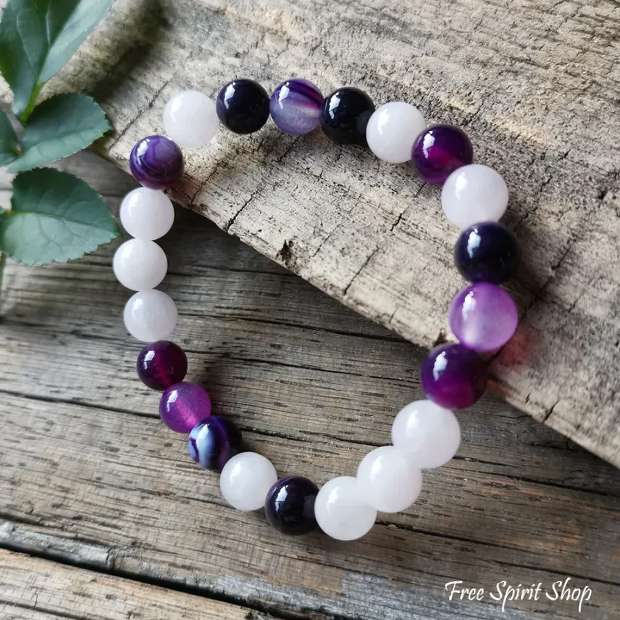 Purple Stripe Onyx Rose Quartz & Amethyst Elastic Bead Bracelet - Image 2