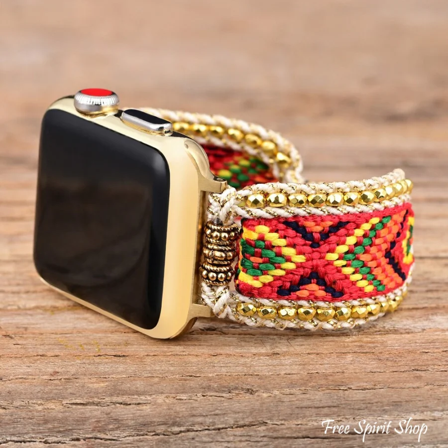 Red & Gold Braided Woven Nylon Adjustable Apple Watch Band