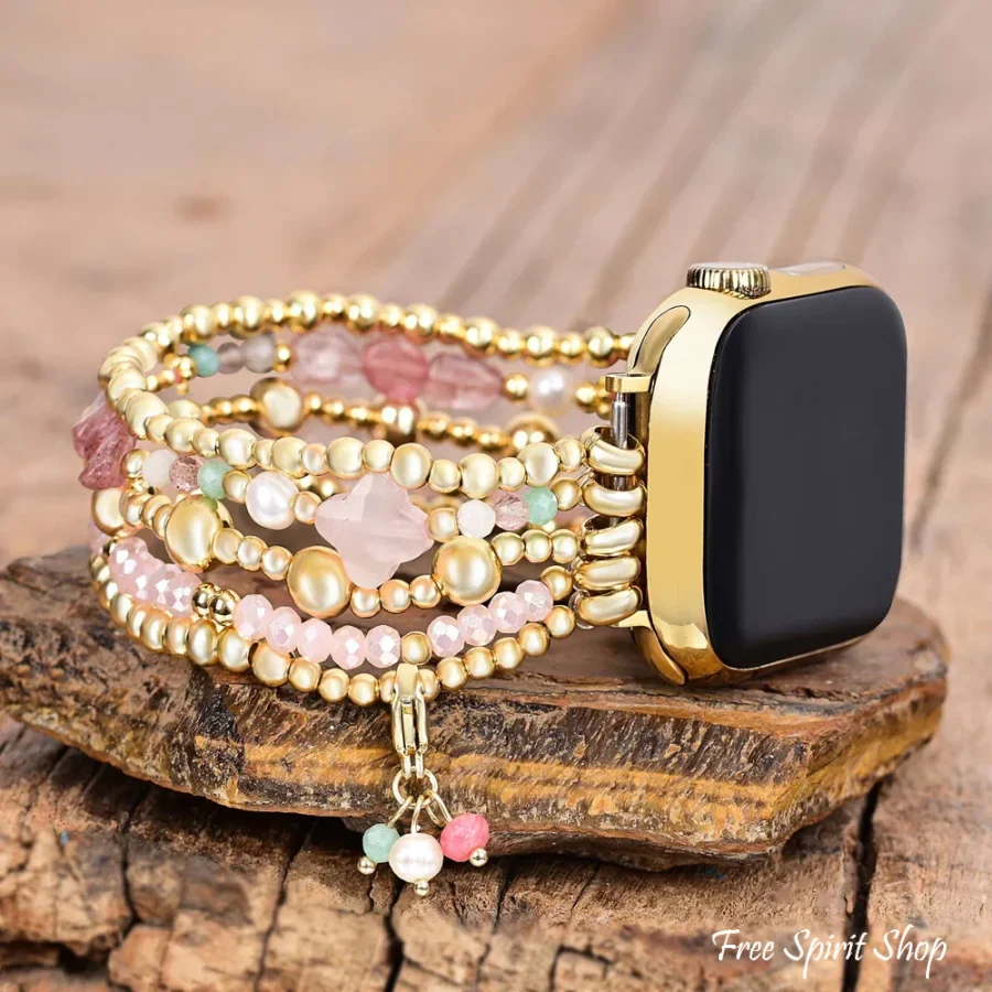 Rose Quartz Beaded Fitbit Watch Band with Clover Charm