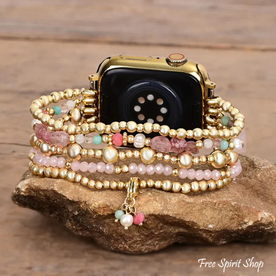 Rose Quartz Beaded Fitbit Watch Band with Clover Charm - Image 3