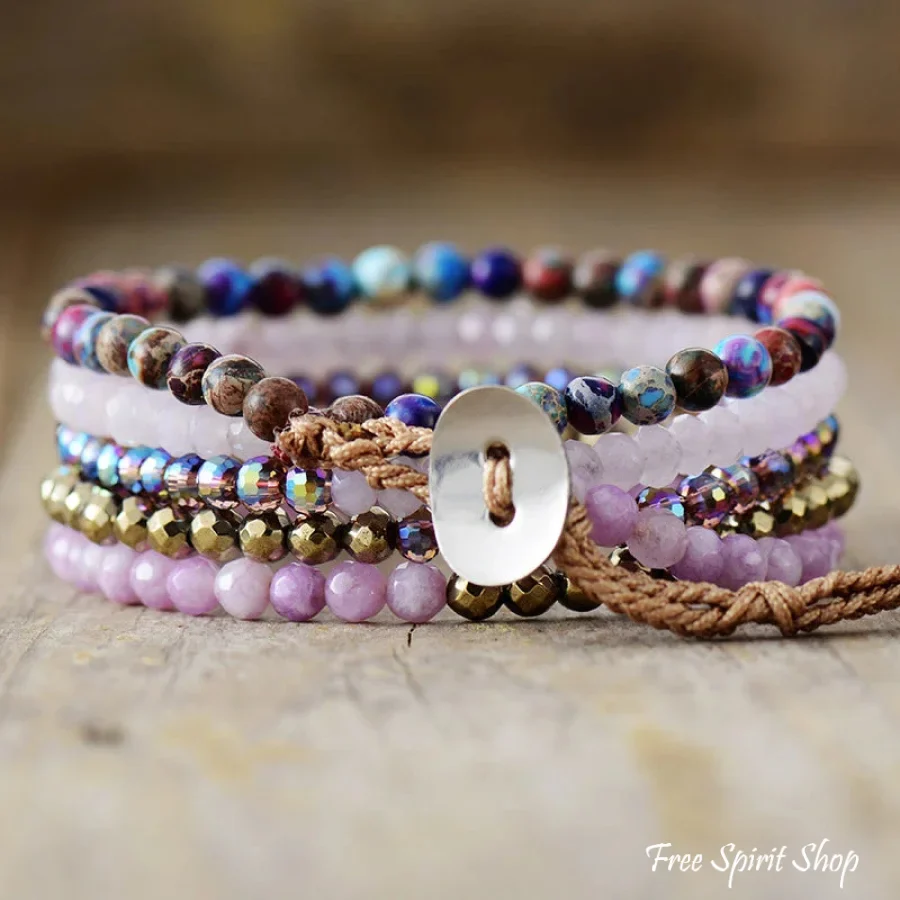 Rose Quartz Pyrite & Purple Jasper 5 Layer Bead Bracelets - Image 3