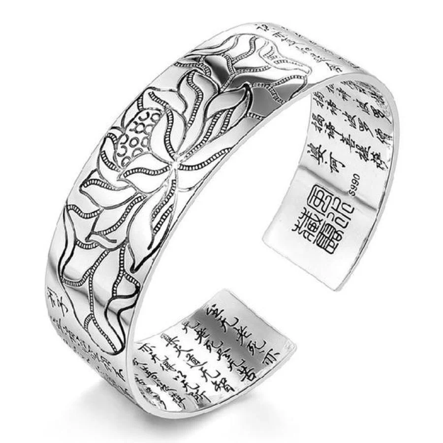 S990 Silver Buddhist Lotus & Heart Sutra Bangle Bracelet - Image 3