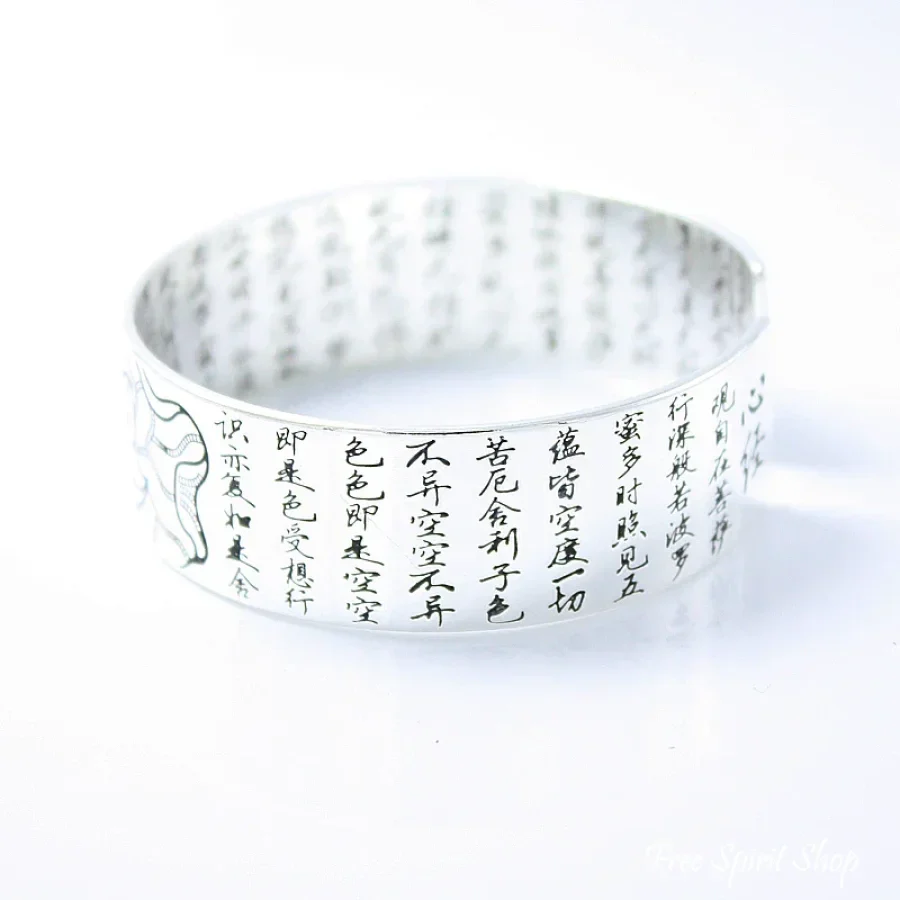 S990 Silver Buddhist Lotus & Heart Sutra Bangle Bracelet - Image 6