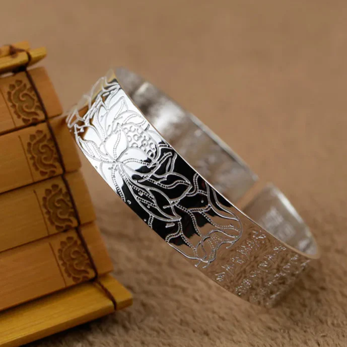 S990 Silver Buddhist Lotus & Heart Sutra Bangle Bracelet - Image 8