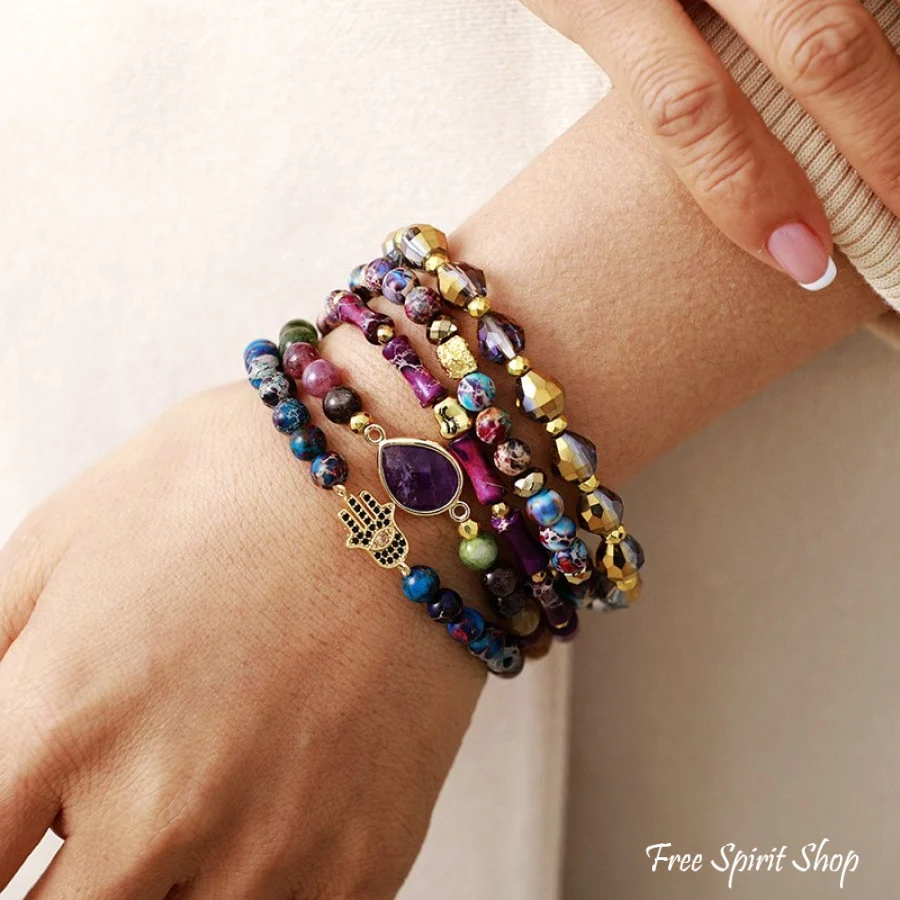 Set of 5 Purple Stone & Hamsa Hand Bead Bracelets - Image 2