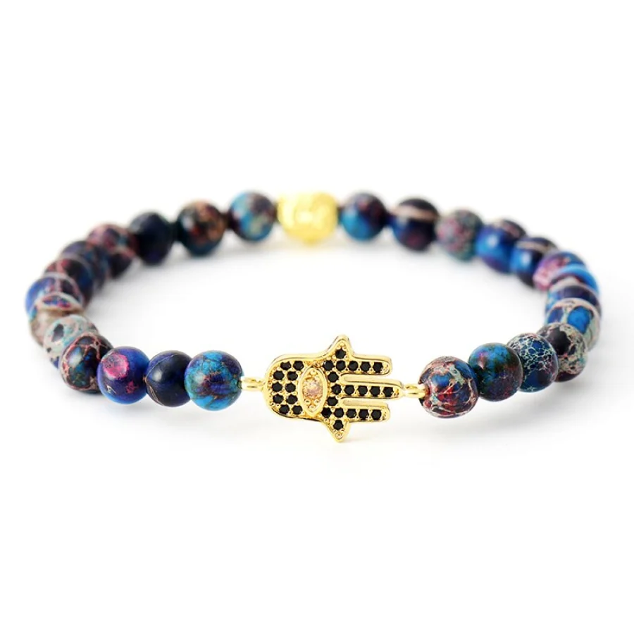 Set of 5 Purple Stone & Hamsa Hand Bead Bracelets - Image 3