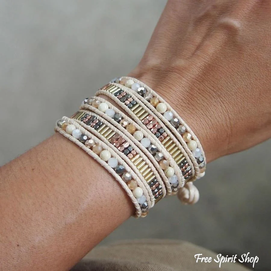 Snowy Agate Beige Beaded Wrap Bracelet - Image 2
