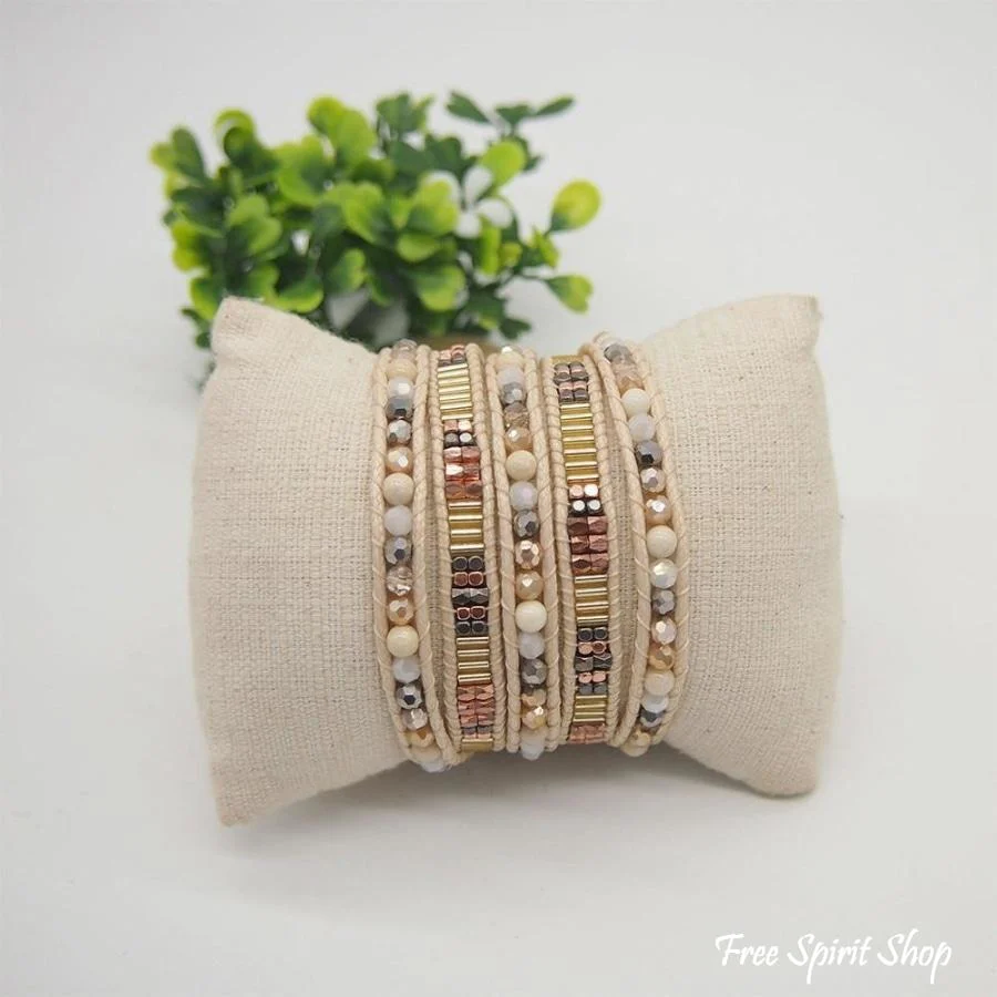 Snowy Agate Beige Beaded Wrap Bracelet - Image 3
