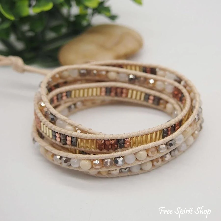 Snowy Agate Beige Beaded Wrap Bracelet - Image 4