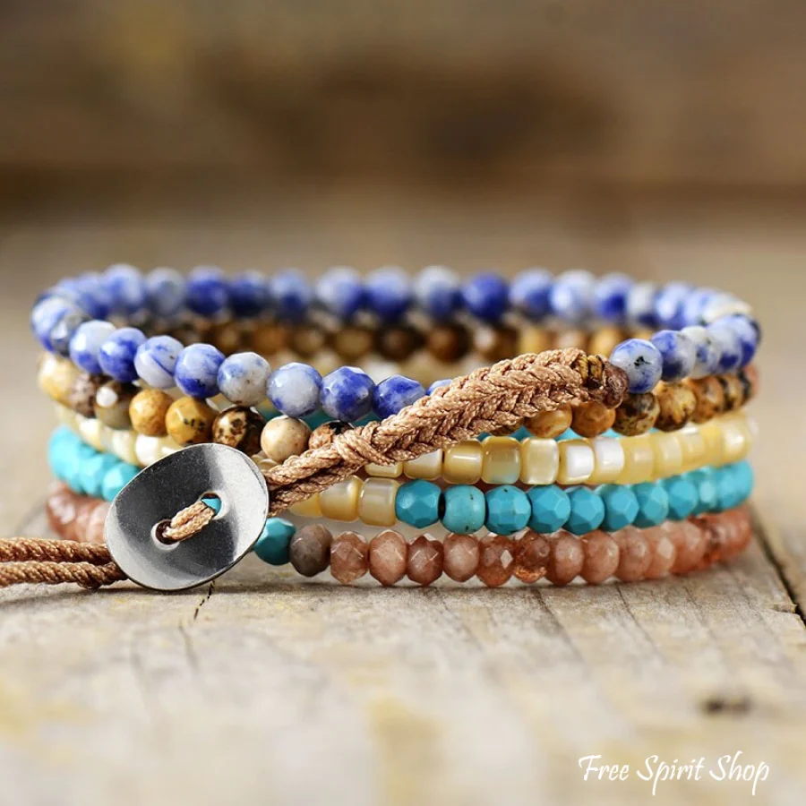 Sodalite Jasper Shell Strawberry Quartz 5 Layer Bead Bracelet - Image 3