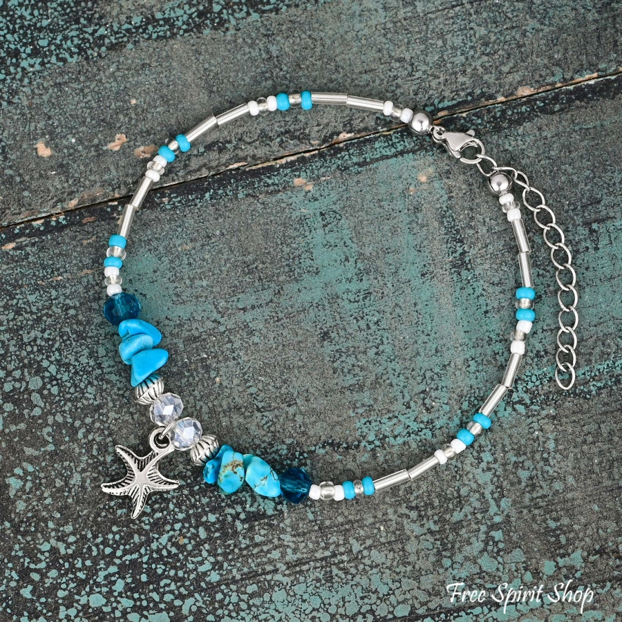 Turquoise & Starfish Charm Beaded Anklet - Image 3