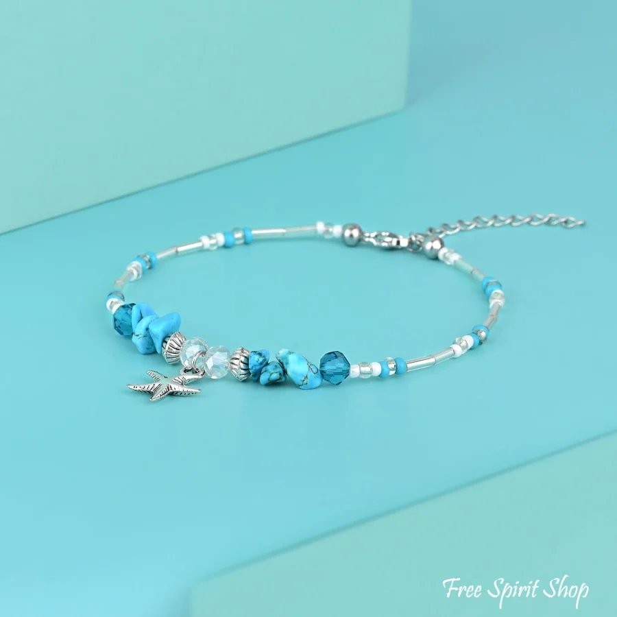 Turquoise & Starfish Charm Beaded Anklet - Image 5
