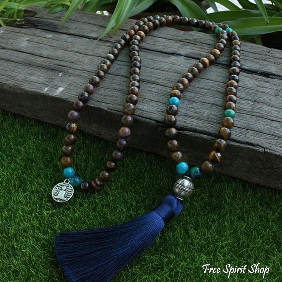 Tibetan 108 Natural Tiger Eye & Blue Tassel Mala Prayer Beads - Image 2