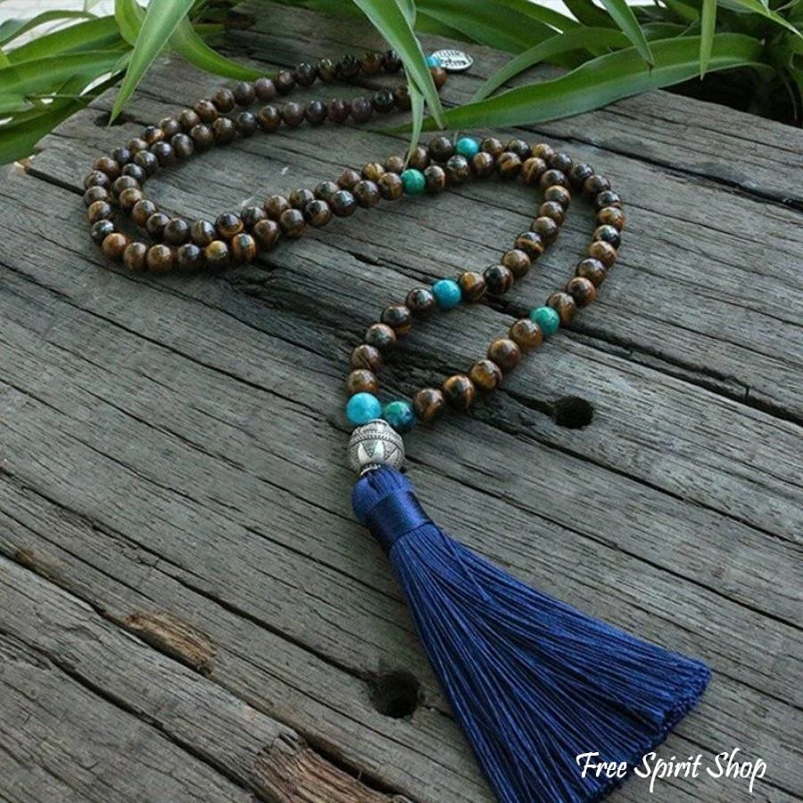 Tibetan 108 Natural Tiger Eye & Blue Tassel Mala Prayer Beads - Image 3