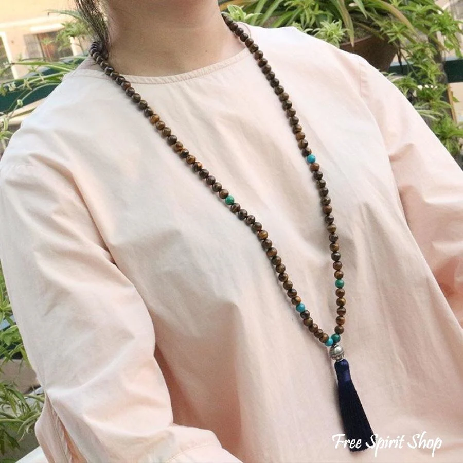 Tibetan 108 Natural Tiger Eye & Blue Tassel Mala Prayer Beads - Image 4