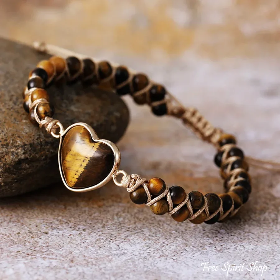 Tiger Eye Heart Braided Bead Bracelet