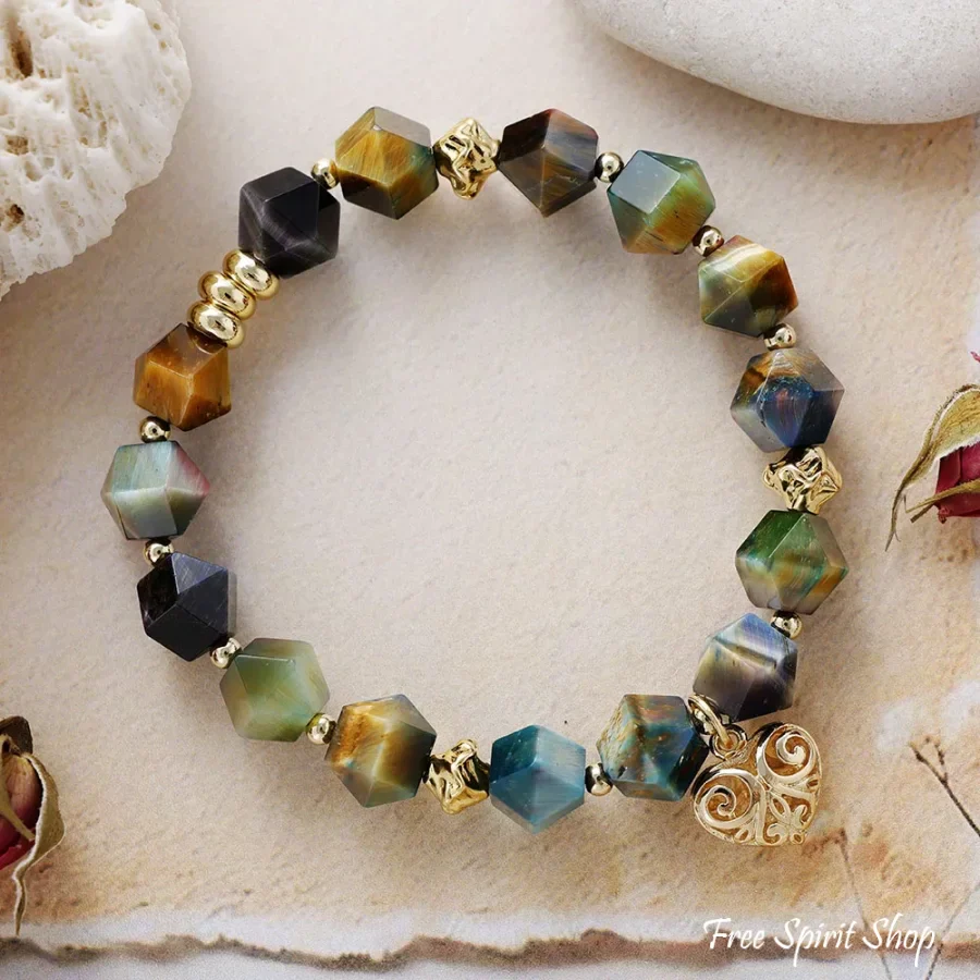 Tiger’s Eye Beaded Bracelet with Golden Heart Charm