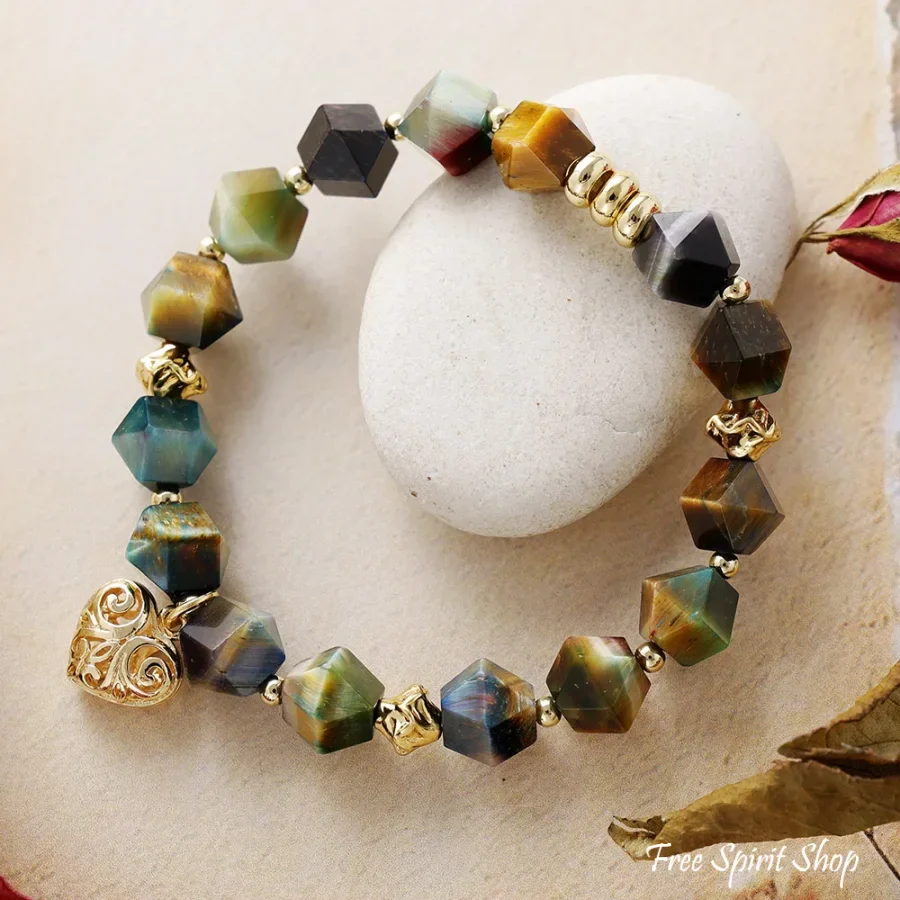 Tiger’s Eye Beaded Bracelet with Golden Heart Charm - Image 2