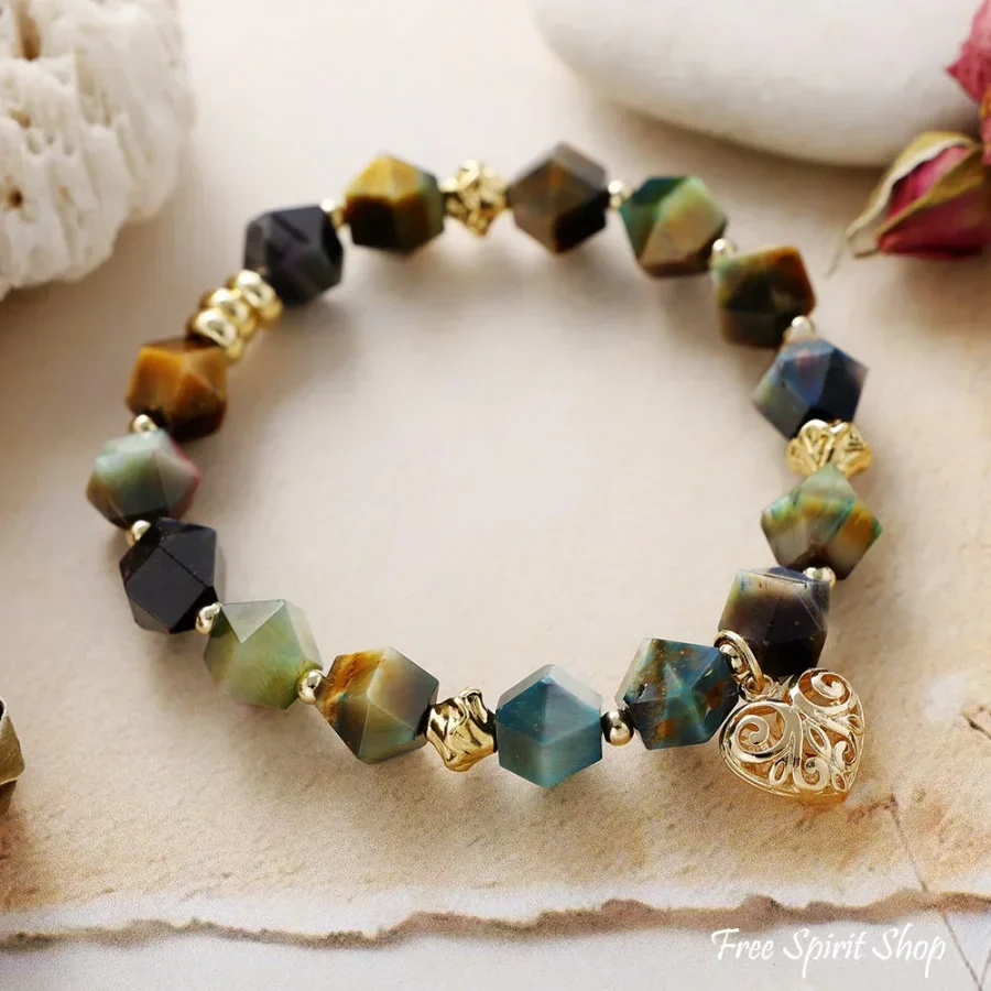 Tiger’s Eye Beaded Bracelet with Golden Heart Charm - Image 3