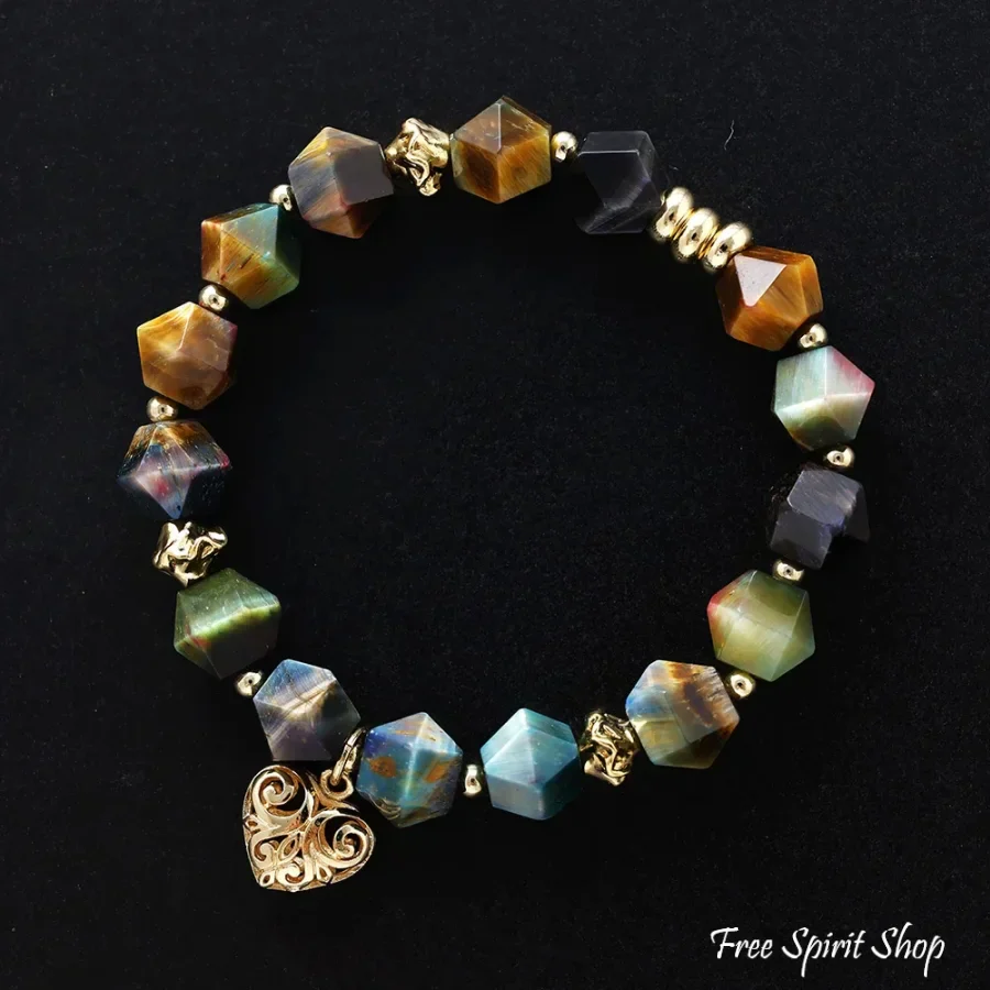 Tiger’s Eye Beaded Bracelet with Golden Heart Charm - Image 4