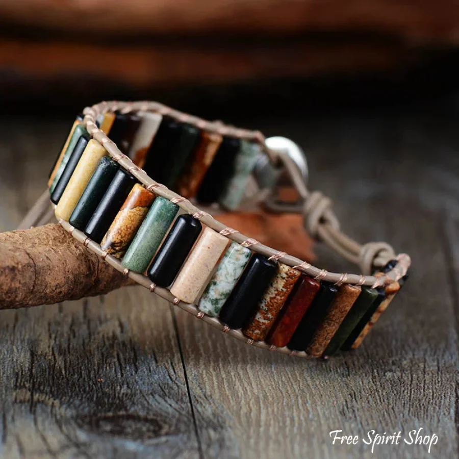 Natural Turquoise Jasper & Sodalite Tube Leather Wrap Bracelet - Image 2