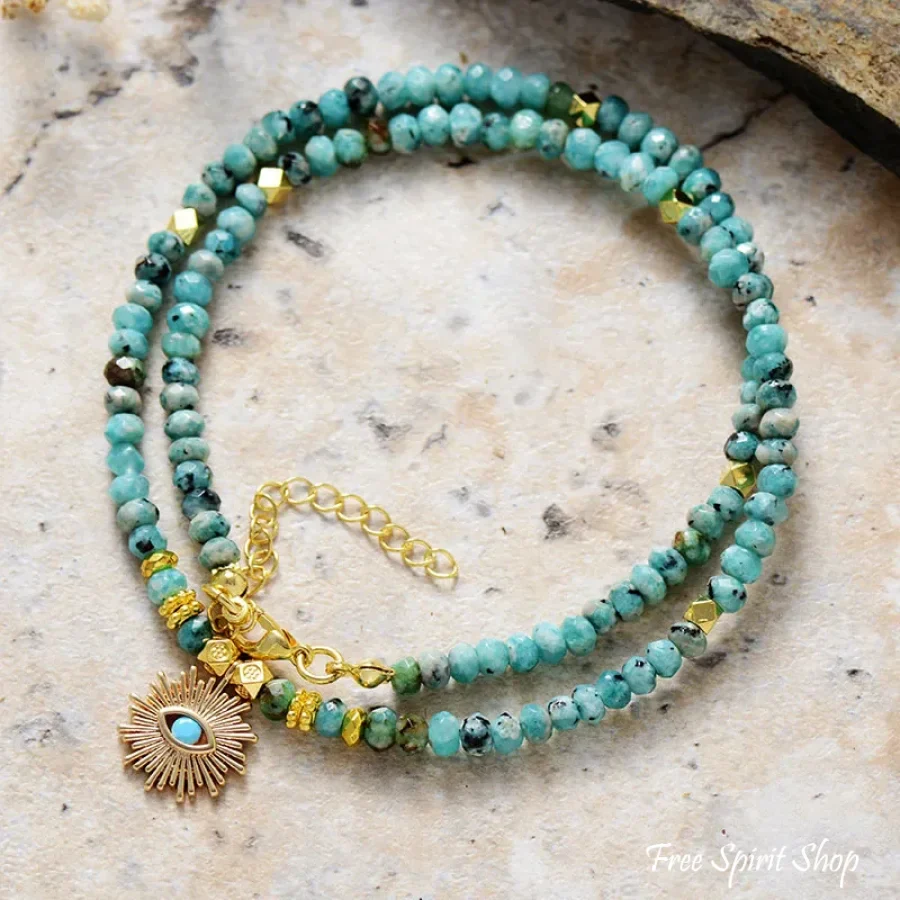 Turquoise & Golden Sun Pendant Beaded Choker Necklace - Image 2