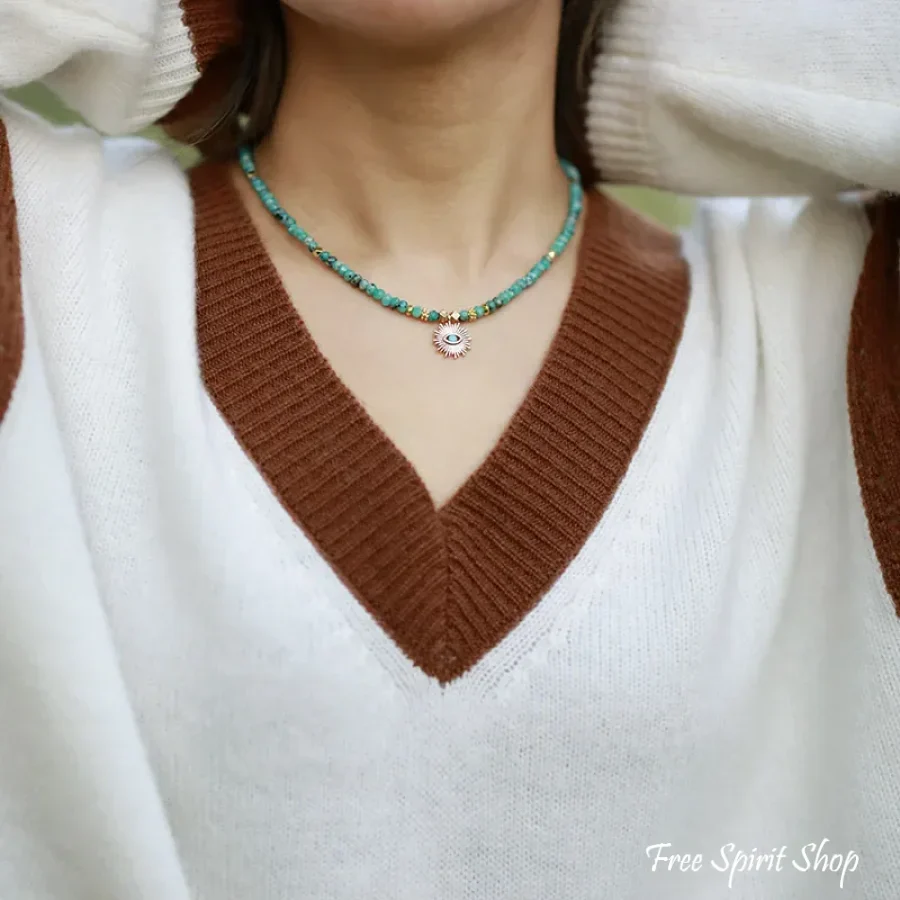 Turquoise & Golden Sun Pendant Beaded Choker Necklace - Image 3