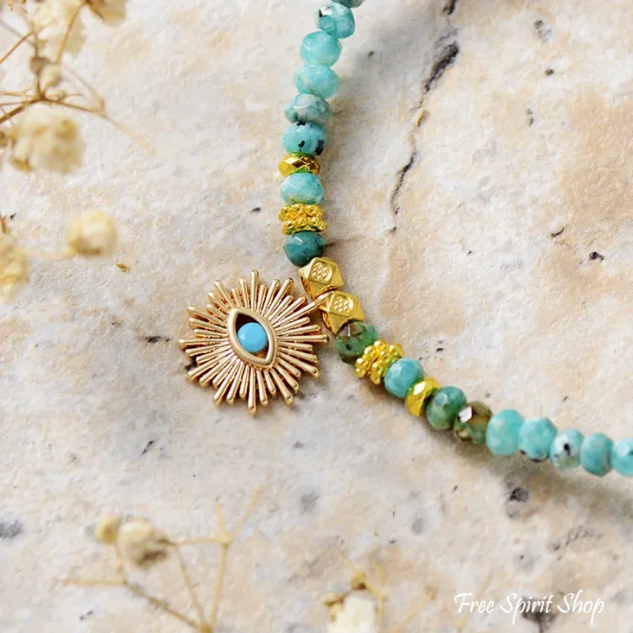 Turquoise & Golden Sun Pendant Beaded Choker Necklace - Image 4