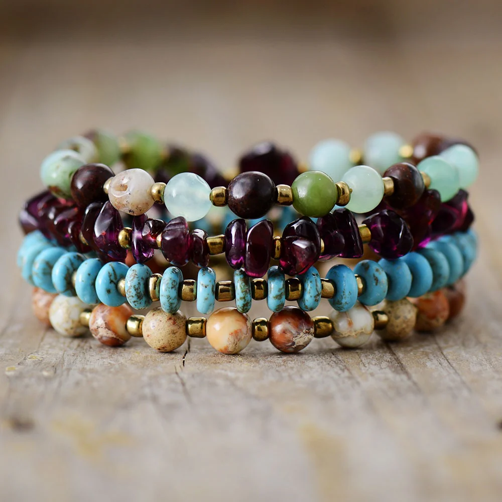 Turquoise Jasper Amethyst & Green Jade Multi-Row Bead Bracelet