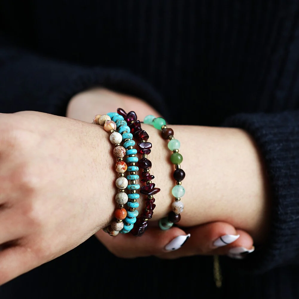 Turquoise Jasper Amethyst & Green Jade Multi-Row Bead Bracelet - Image 2