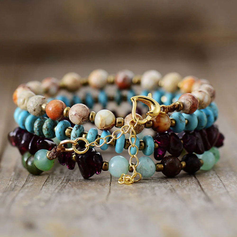 Turquoise Jasper Amethyst & Green Jade Multi-Row Bead Bracelet - Image 3