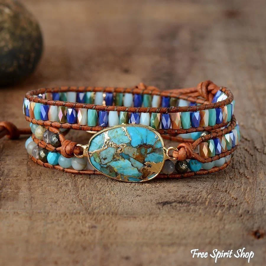 Natural Turquoise & Jasper Wrap Bracelet - Image 3