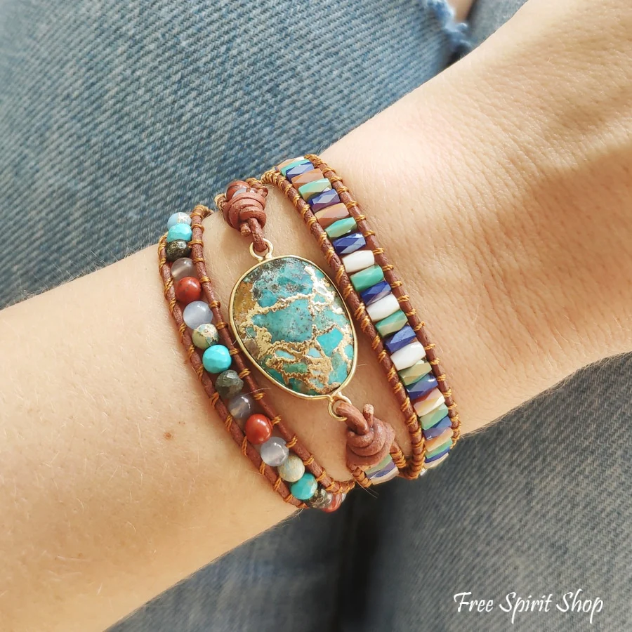 Natural Turquoise & Jasper Wrap Bracelet - Image 6