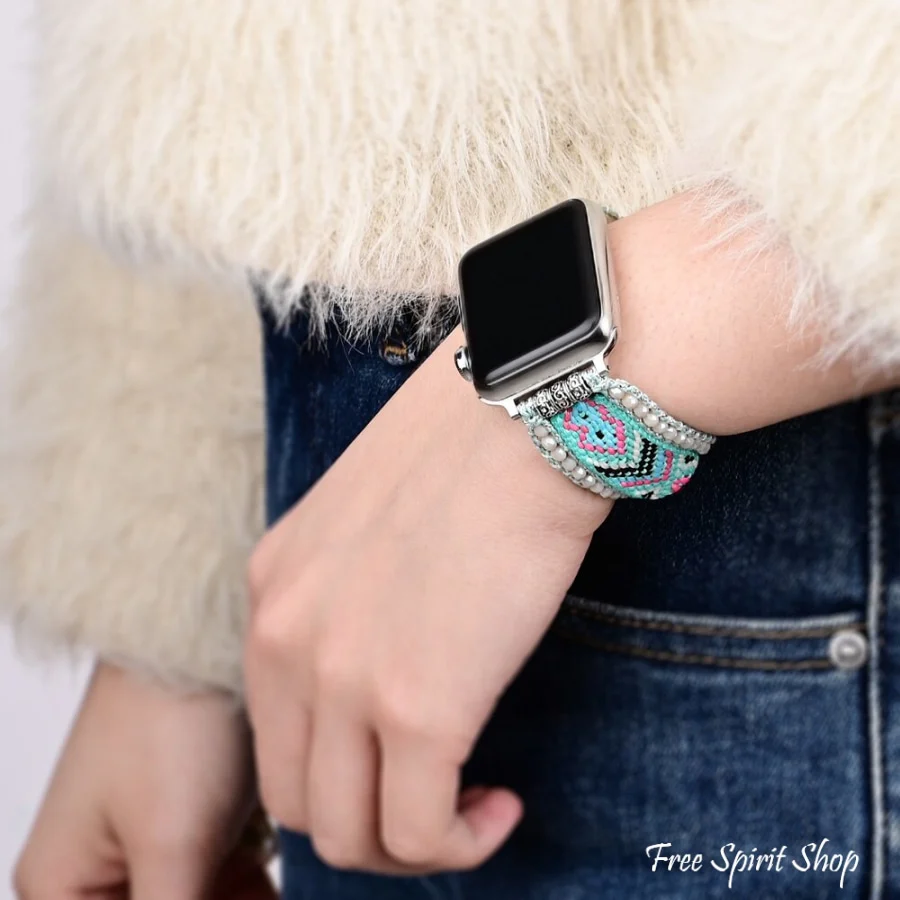 Turquoise & Pink Braided Woven Nylon Adjustable Apple Watch Band - Image 2