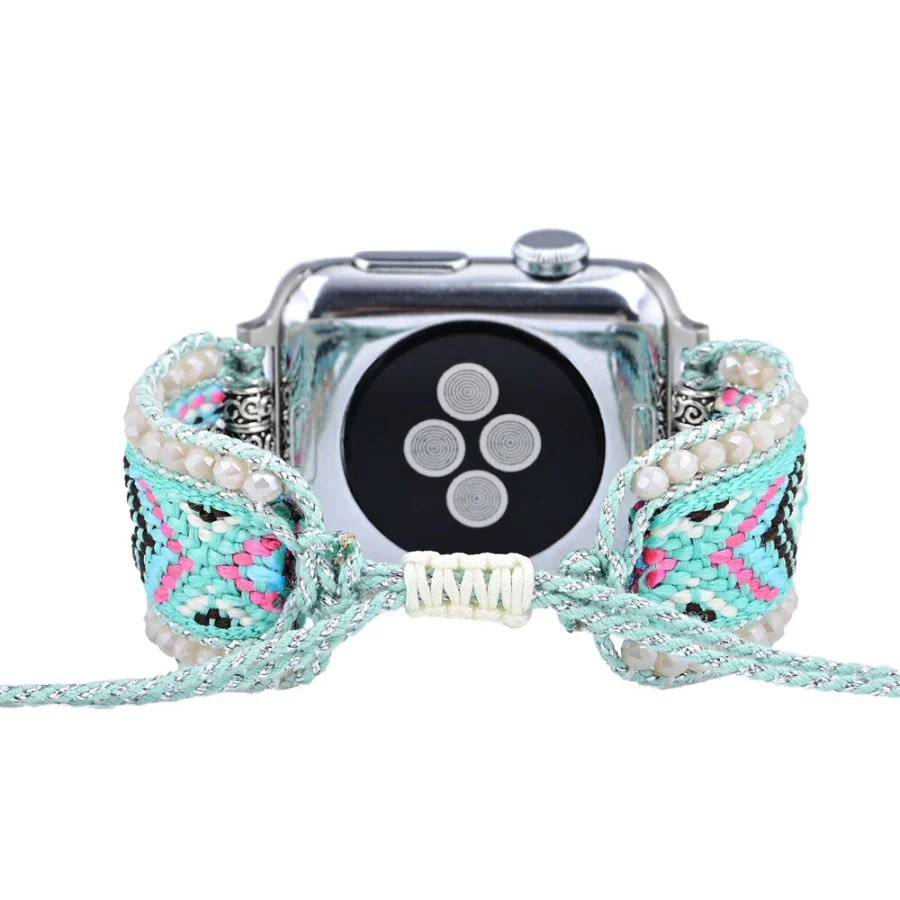 Turquoise & Pink Braided Woven Nylon Adjustable Apple Watch Band - Image 4