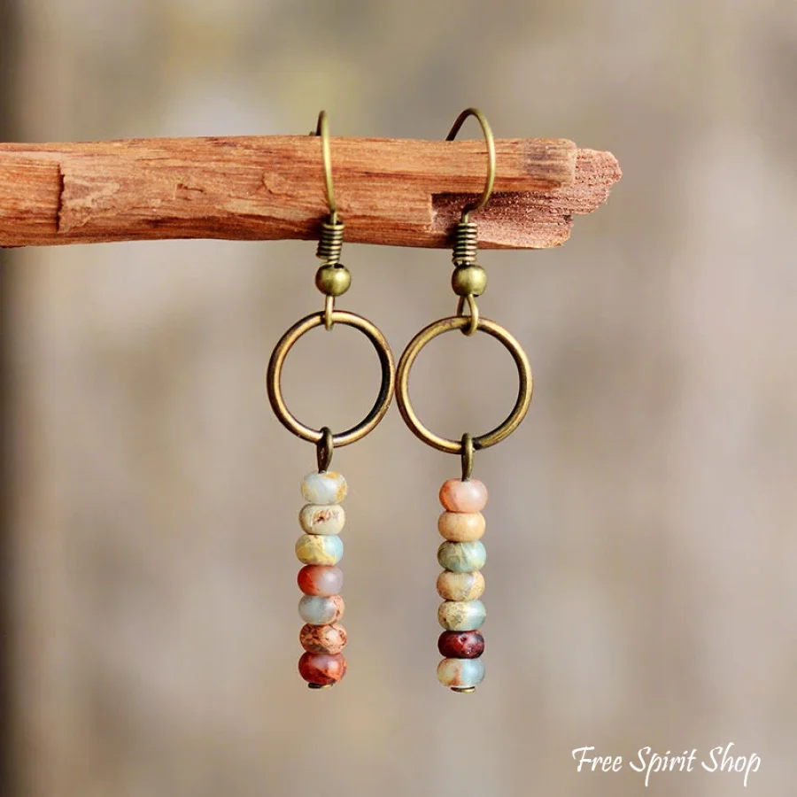 Vintage Natural Jasper Stone Ethnic Circle Earrings - Image 3