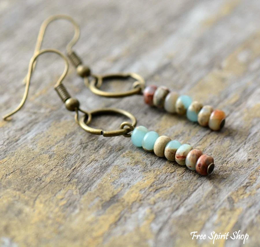 Vintage Natural Jasper Stone Ethnic Circle Earrings - Image 4