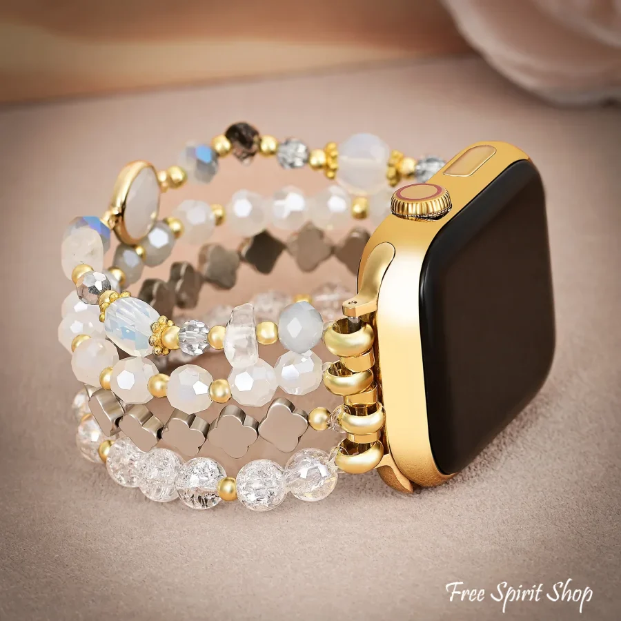 White Crystal Glow Beaded Fitbit Watch Band with Clover Charms
