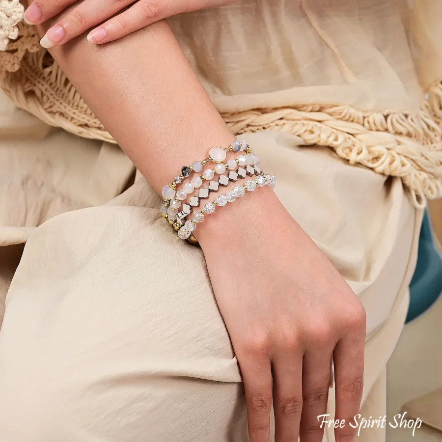 White Crystal Glow Beaded Fitbit Watch Band with Clover Charms - Image 2