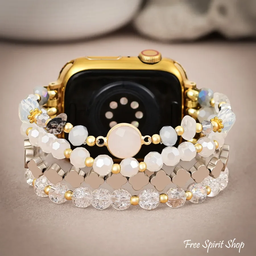 White Crystal Glow Beaded Fitbit Watch Band with Clover Charms - Image 3