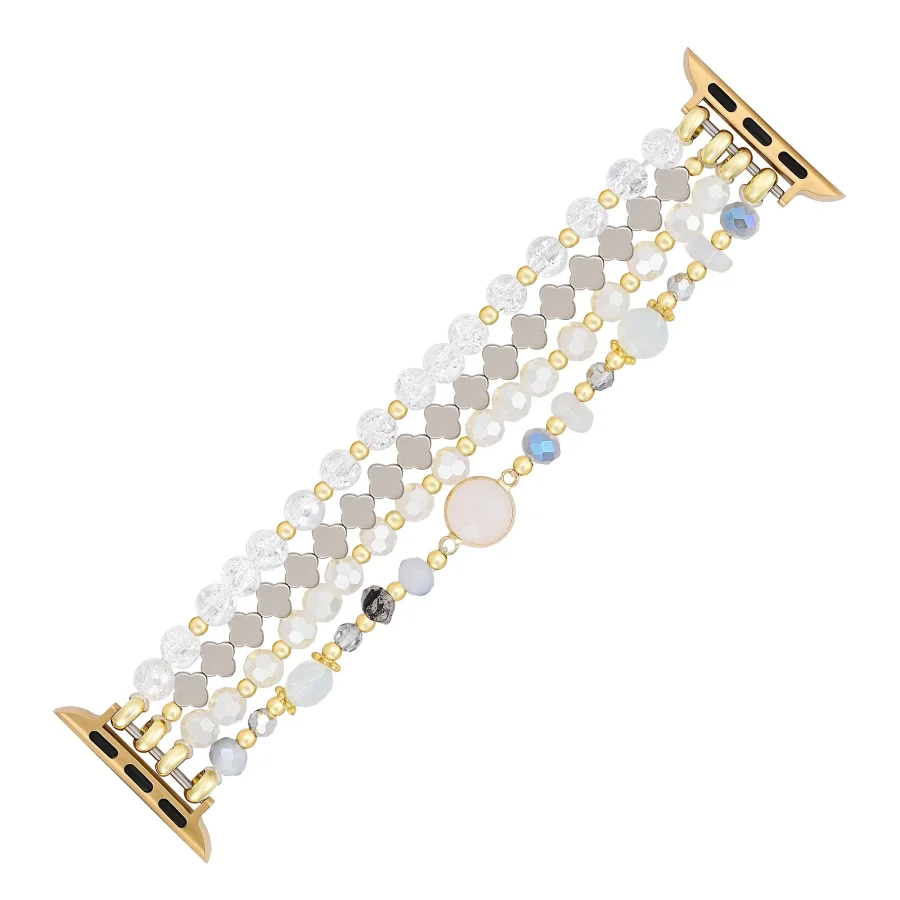 White Crystal Glow Beaded Fitbit Watch Band with Clover Charms - Image 4