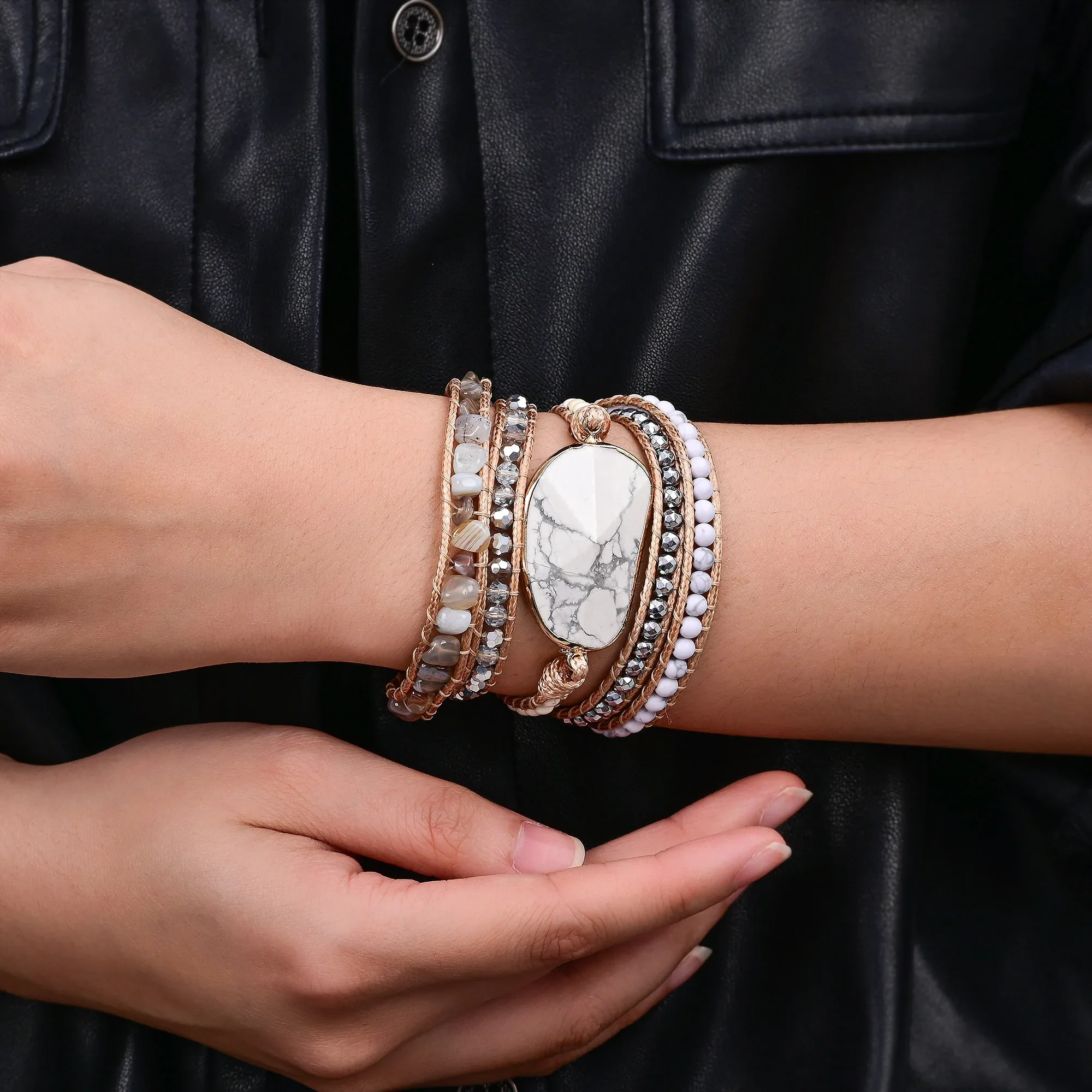White Howlite & Botswana Agate Bead Wrap Bracelet - Image 2