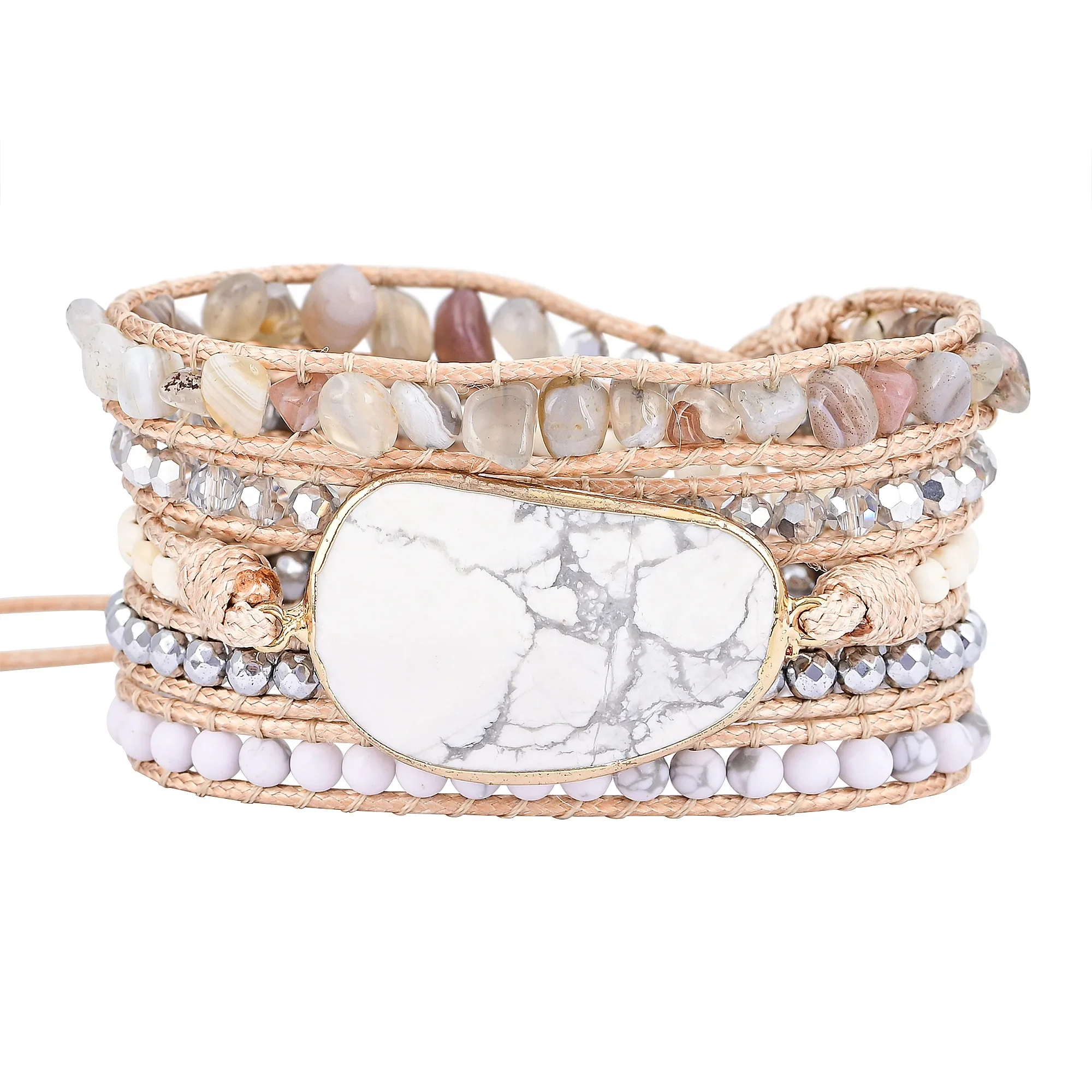 White Howlite & Botswana Agate Bead Wrap Bracelet - Image 4