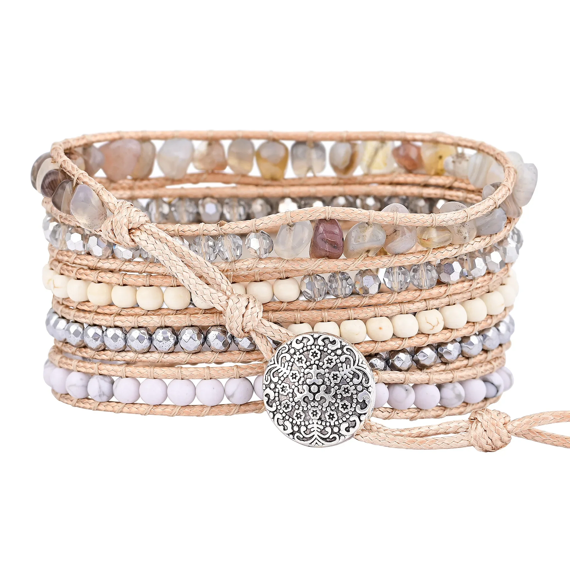 White Howlite & Botswana Agate Bead Wrap Bracelet - Image 5